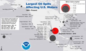 Map showing area and relative size of largest oil spills affecting U.S. oceans since 1969.